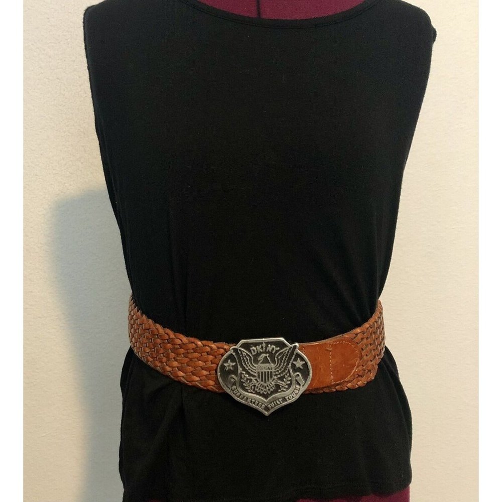 Vintage DKNY Genuine Leather Braided Belt Metal Eagle Built Tough Buckle Small